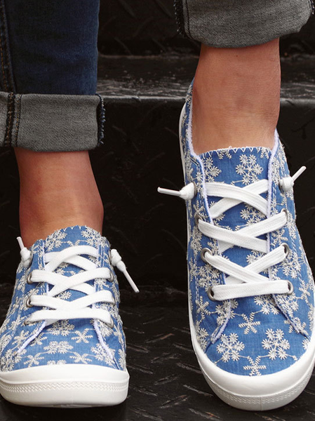 

Snowflake Graphic-Print Denim Lace-Up Canvas Flats, Blue, Sneakers