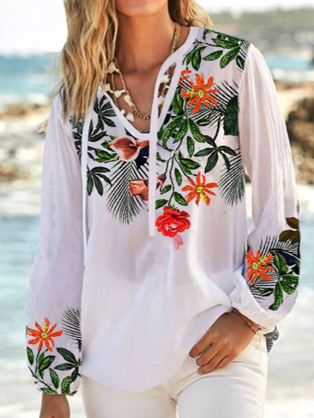 

Loose V Neck Floral Casual Top, White, Tops
