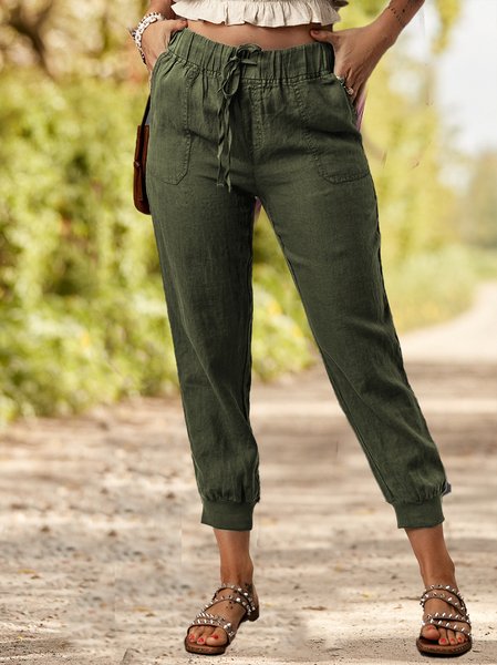 

Cotton-Blend Loose Casual Plain Casual Pants, Green, Pants