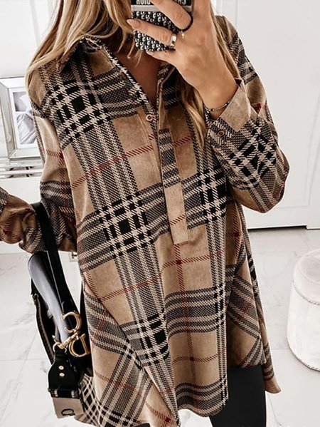 

Shirt Collar Urban Plaid Top, Khaki, Tops