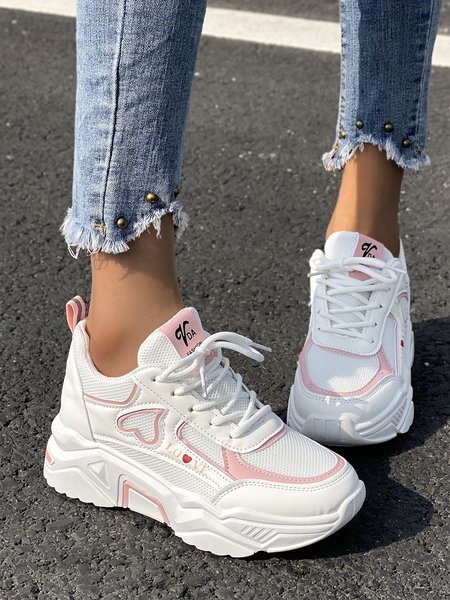 

Heart & Letter Graphic Lace-up Front Chunky Trainers, Pink-white, Sneakers