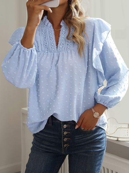 

Loose Lotus Leaf Collar Casual Plain Lantern Sleeve Top, Blue, Blouses & Shirts