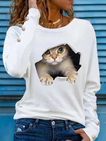 

Casual Cat Crew Neck Buttoned T-Shirt, White, T-Shirts
