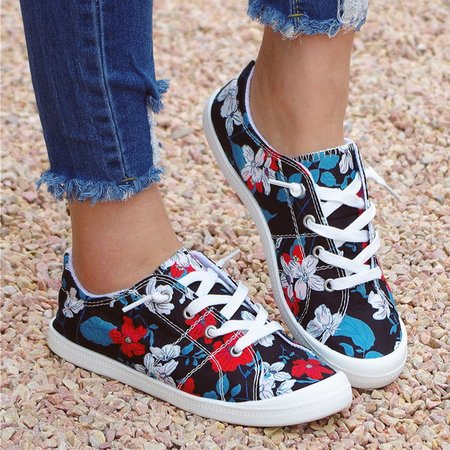 

Floral Graphic-Print Denim Lace-Up Canvas Flats, Red, Sneakers