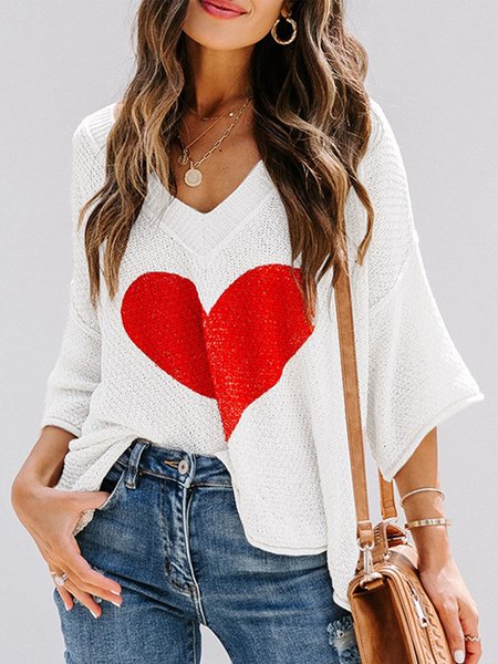 

Casual V Neck Acrylic Heart/Cordate Sweater, White, Sweaters