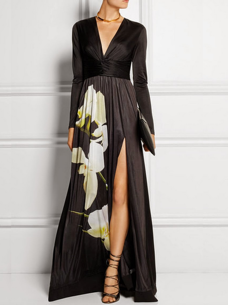 

Satin Floral Elegant V Neck Dress & Party Dress, Black, Maxi Dresses