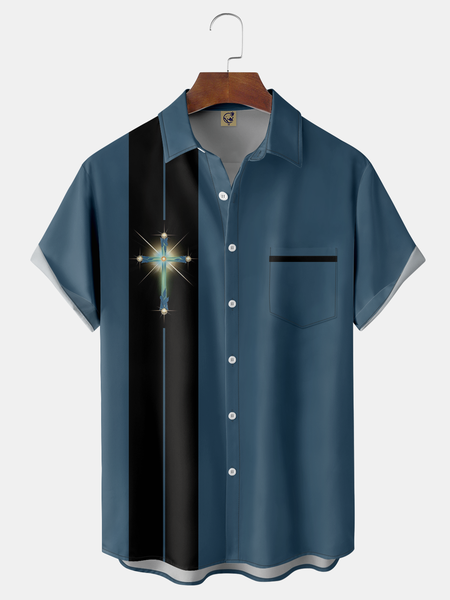 

Cross Chest Pocket Short Sleeve Bowling Shirt, Blue, Men Shirts