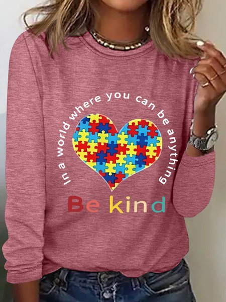 

Women's Love Be Kind Cotton-Blend Simple Long Sleeve Top, Pink, Long sleeves
