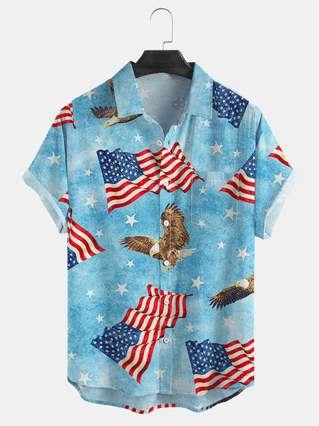 

US Flag Chest Pocket Short Sleeve Casual Shirt, Blue, Men Shirts