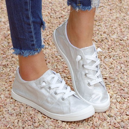 

Color Block Graphic-Print Denim Lace-Up Canvas Flats, Silver, Sneakers