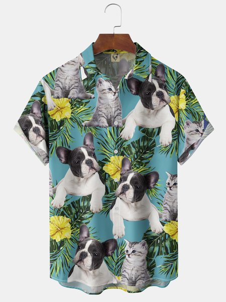 

Plant Dog Chest Pocket Short Sleeve Hawaiian Shirt, Blue, Men Shirts