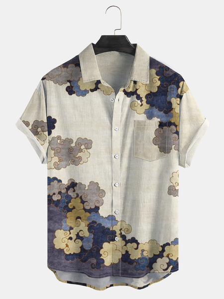 

Ukiyoe Cloud Print Chest Pocket Short Sleeve Casual Shirt, Khaki, Men Shirts