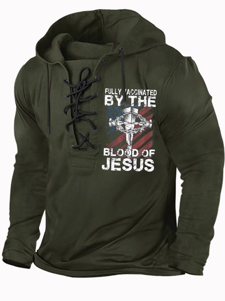 

Men's Fill Vaccinated By The Blood Of Jesus The Religious Cross Funny Graphic Print Text Letters Casual Regular Fit Hoodie Sweatshirt, Dark green, Hoodies&Sweatshirts