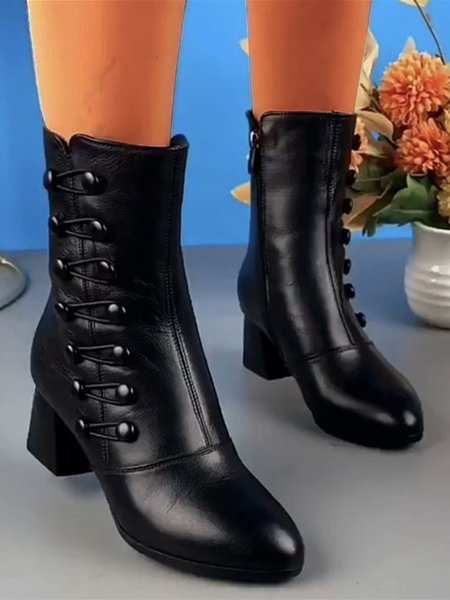 

Button Design Black Chunky Heel Ankle Boots, Boots