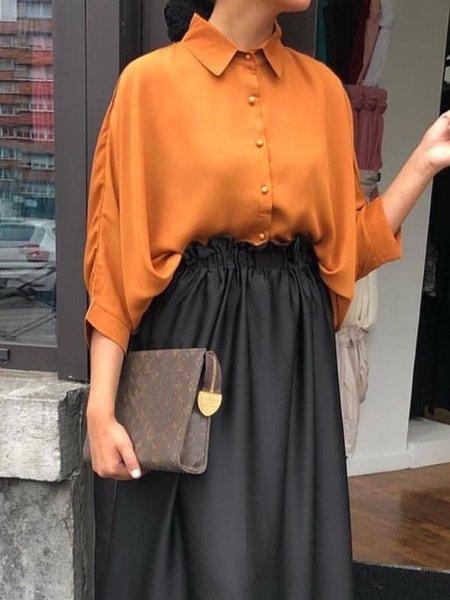 

Shirt Collar Loose Urban Plain Blouse, Light orange, Blouses and Shirts