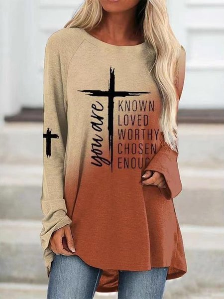 

Crew Neck Loose Ombre Faith Casual Top, Orange, Tops