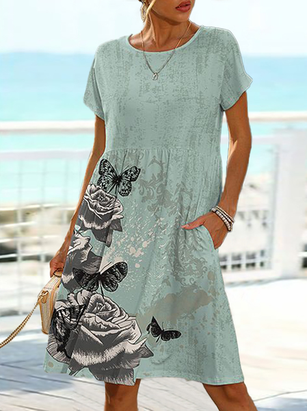 

Loose Floral Crew Neck Casual Dress, Green, Mini Dresses