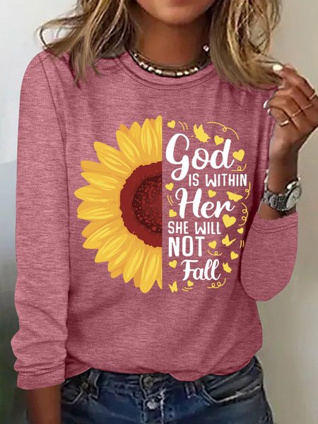 

Women‘s Sunflower God Is Within Her She Will Not Fall Long Sleeve T-Shirt, Pink, Long sleeves