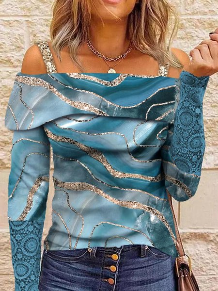 

Boat Neck Regular Fit Geometric Casual Top, Blue, Tops