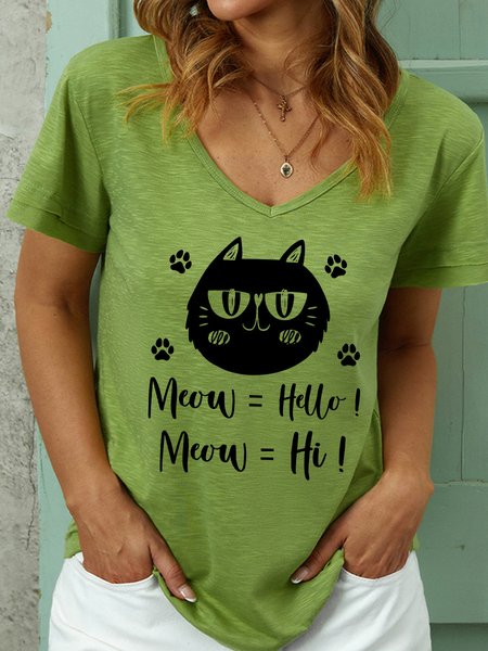 

Lilicloth X Manikvskhan Meow Hello Meow Hi Women's V Neck T-Shirt, Green, T-shirts