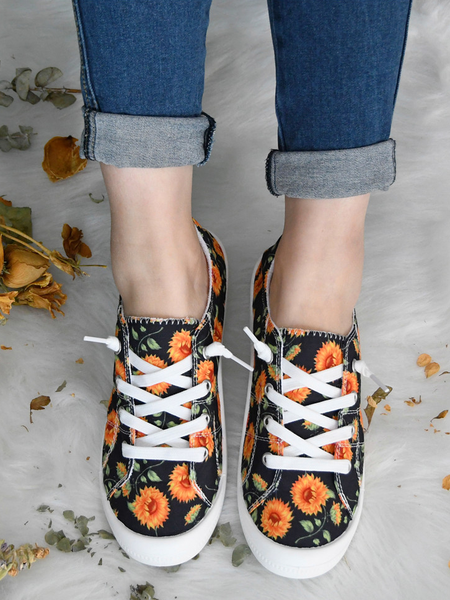 

Sunflower Graphic-Print Denim Lace-Up Canvas Flats, Black, Sneakers
