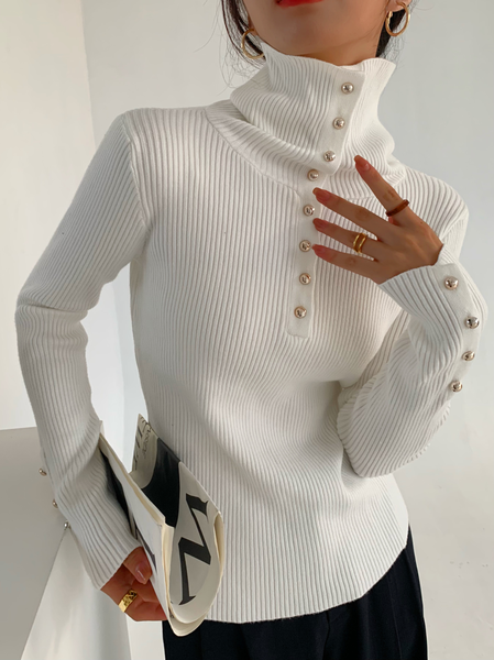 

Elegant Stand Collar Regular Fit Sweater, White, Pullovers
