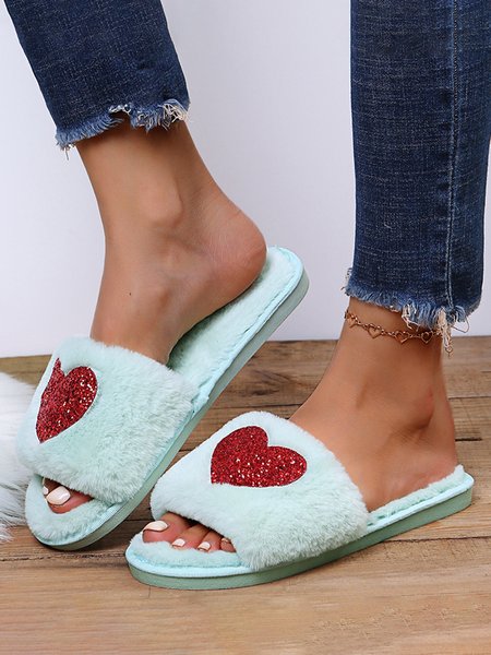 

Heart Glitter Decor Fluffy Open-Top Slippers, Green, Women Shoes