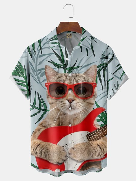 

Cat Guitar Chest Pocket Short Sleeve Hawaiian Shirt, Green, Men Shirts
