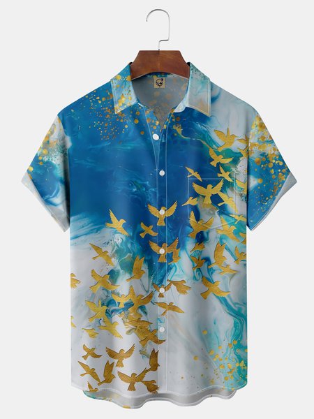 

Abstract Oil Painting Chest Pocket Short Sleeve Casual Shirt, Blue, Men Shirts