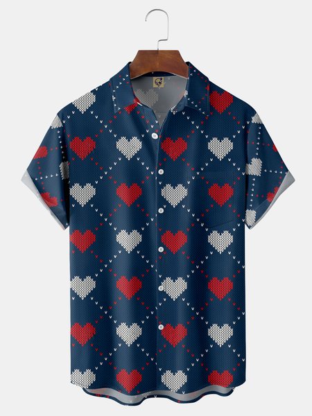 

St Valentine‘s Day Heart Chest Pocket Short Sleeve Shirt, Blue, Men Shirts