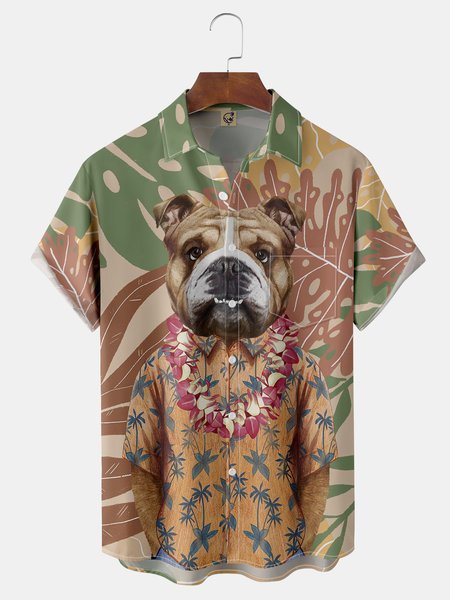 

Dog Print Chest Pocket Short Sleeve Hawaiian Shirt, Khaki, Men Shirts