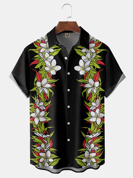 

Botanical Floral Chest Pocket Short Sleeve Hawaiian Shirt, Black, Men Shirts