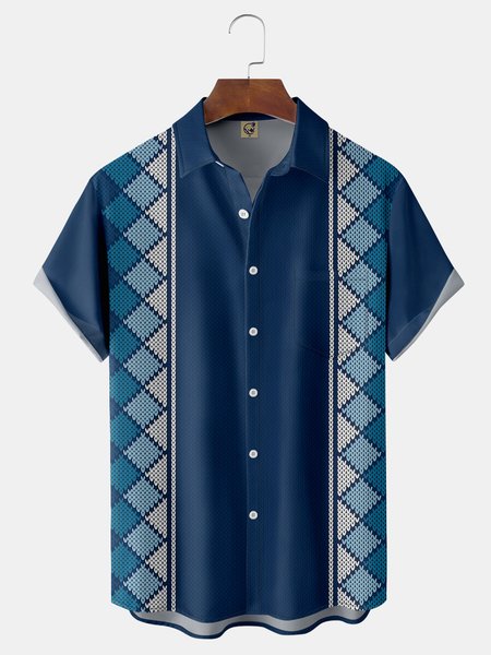 

Geometric Check Chest Pocket Short Sleeve Bowling Shirt, Blue, Men Shirts