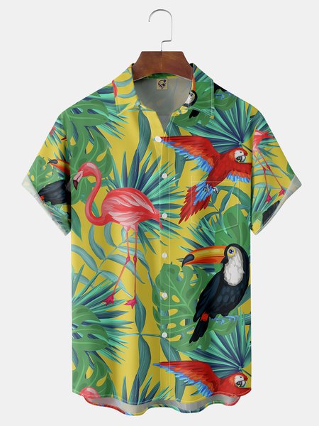 

Tropical Parrots Chest Pocket Short Sleeve Hawaiian Shirt, Green, Men Shirts
