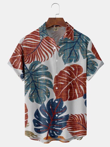 

Botanical Leaves Chest Pocket Short Sleeve Hawaiian Shirt, Orange red, Men Shirts