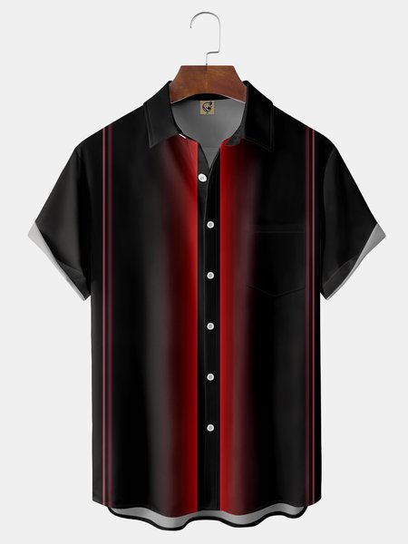 

Geometric Color-block Chest Pocket Short Sleeve Bowling Shirt, Black, Men Shirts