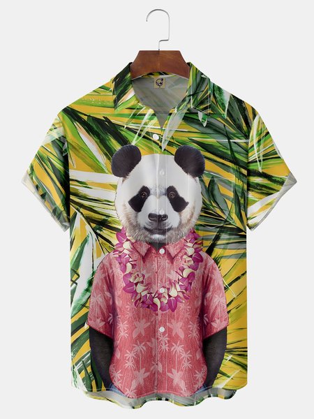

Hola Panda Chest Pocket Short Sleeve Hawaiian Shirt, Yellow, Men Shirts