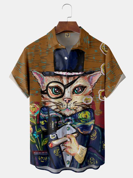 

Cat Oil Painting Chest Pocket Short Sleeve Casual Shirt, Blue, Men Shirts