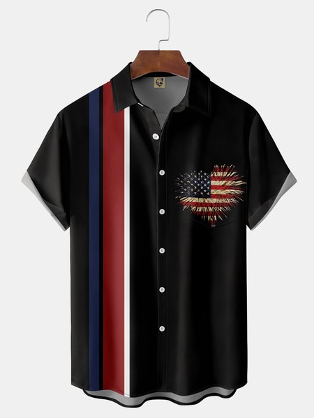 

American Flag Chest Pocket Short Sleeve Bowling Shirt, Black, Men Shirts