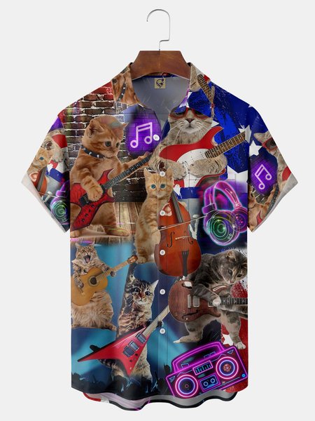 

Musical Cat Chest Pocket Short Sleeve Shirt, Blue, Men Shirts
