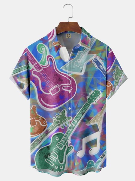 

Music Guitar Chest Pocket Short Sleeve Shirt, Blue, Men Shirts