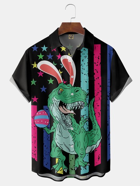 

Dinosaur Egg Chest Pocket Short Sleeve Shirt, Black, Men Shirts