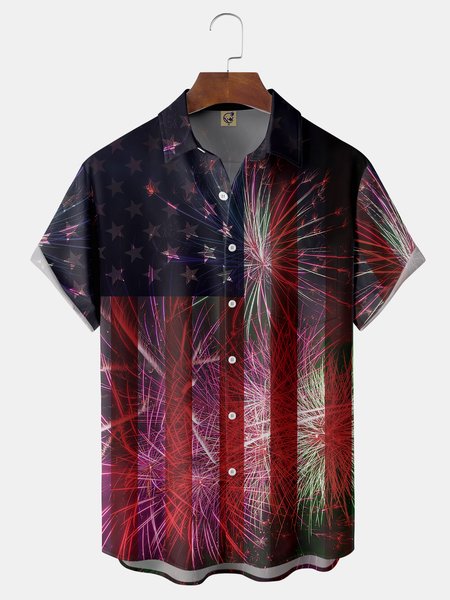 

Fireworks American Flag Chest Pocket Short Sleeve Shirt, Deep red, Men Shirts