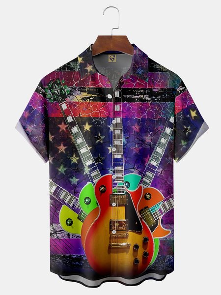

Music Guitar Chest Pocket Short Sleeve Shirt, Purple, Men Shirts
