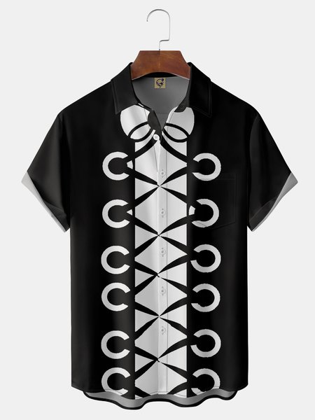 

Geometric Fun Chest Pocket Short Sleeve Shirt, Black, Men Shirts