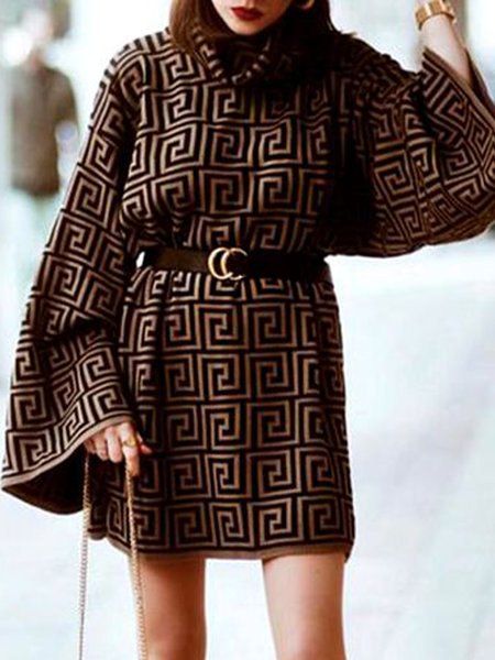 

Long sleeve Turtleneck Loose Urban Dress, Brown, Mini Dresses