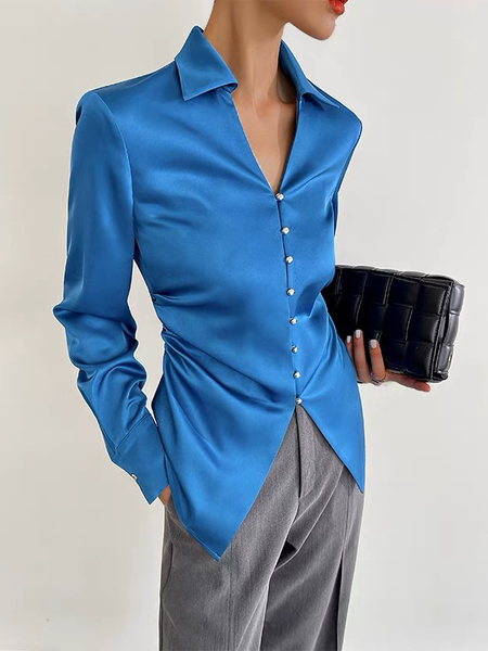 

Shawl Collar Satin Elegant Blouse, Blue, Blouses and Shirts