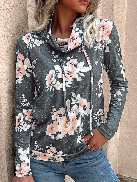

Crew Neck Boho Loose Floral Sweatshirt, Gray, Tops