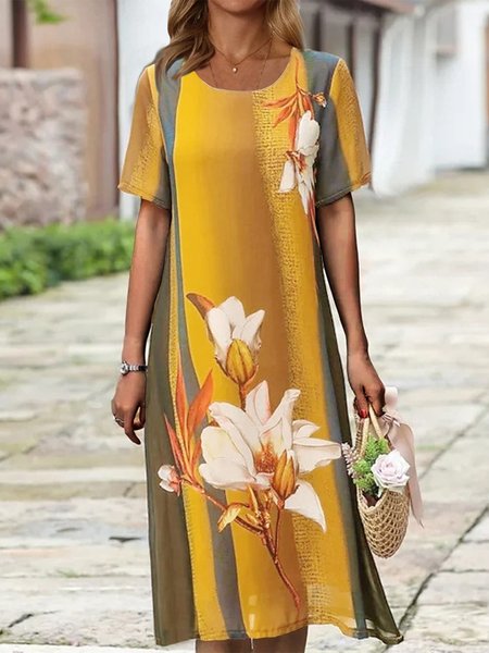 

Loose Crew Neck Floral Elegant Dress, Yellow, Midi Dresses
