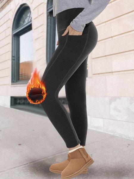 

Fluff/Granular Fleece Fabric Casual Plain Leggings, Black, Leggings